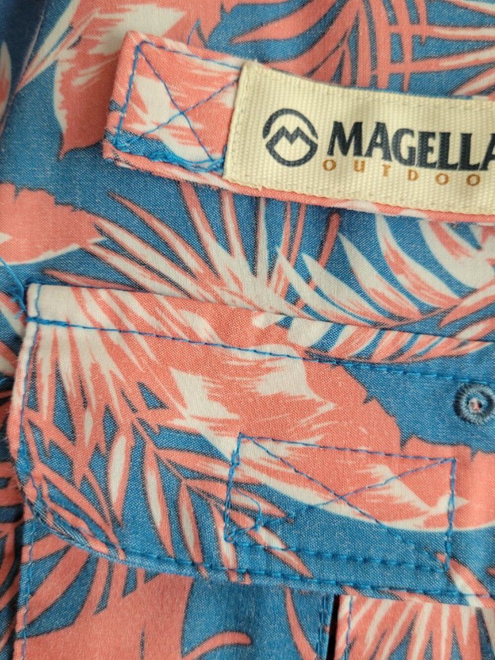 Magellan Outdoors Womens Medium Blue Pink Shirt Dress Fish Gear Tropical Collar - Picture 3 of 7